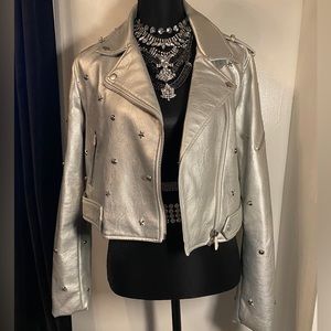 Forever 21 Faux Leather Motorcycle Jacket  - Matte Silver
